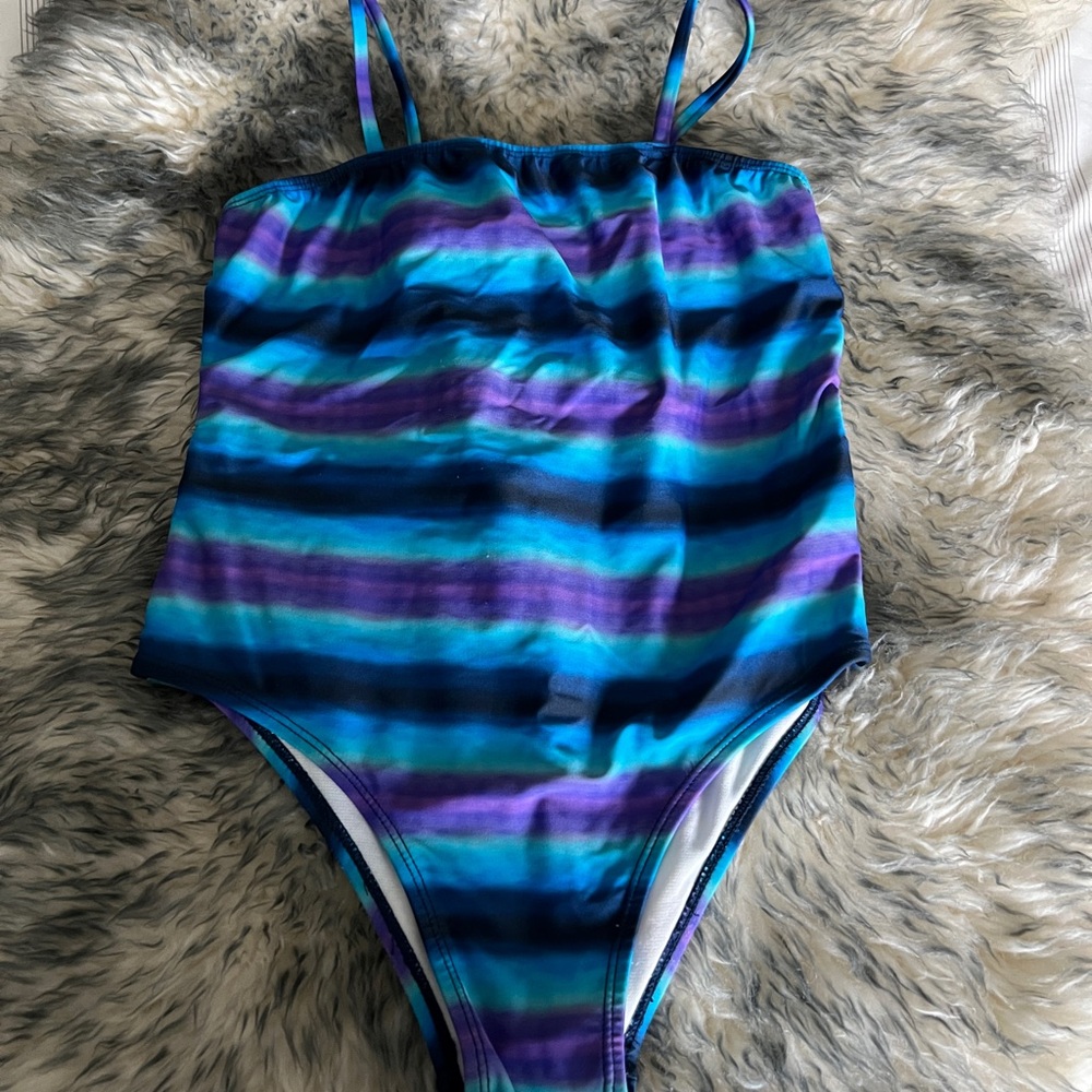 Striped Blue and Purple Kids Swimsuit- Brimmz Purple & Teal Stripe Swimsuit